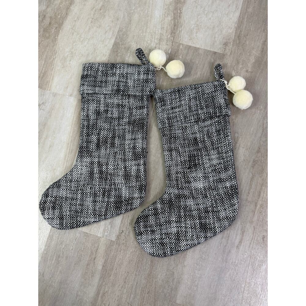 Hearth & Hand Set of Black & White tweed Christmas Stockings With Pom Poms